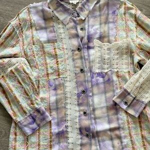 Pol Colorful Plaid Shirt with Lace Accents, size S. NWOT oversized